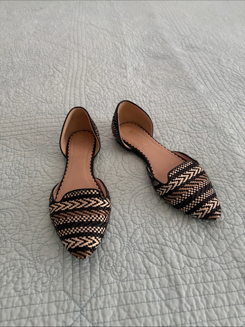 Restricted Black and Beige Woven Pointed D'Orsay Flats